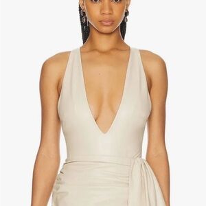 LAPOINTE 
Faux Leather Plunge Neck Bodysuit